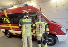 Zwei Feuerwehrkameraden, darunter Danny Zschögner, zeigen die neue Einsatzkleidung. Foto: Stadtverwaltung Schmölln