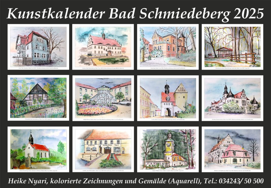 Heike Nyari brachte zwölf Motive aus Bad Schmiedeberg für ihren ersten Monatskalender mit Tusche, Pastellkreide und Aquarellfarbe zu Papier. Foto: Heike Nyari