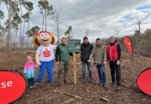 Olaf Klose (Vorstandsmitglied Sparkasse Leipzig), Dr. Manfred Wilde (Oberbürgermeister Stadt Delitzsch), Kai Emanuel (Landrat Landkreis Nordsachsen), Henrik Lindner (Geschäftsführer Stiftung Wald für Sachsen), Maskottchen Glückspilz Winni (Sparkasse Leipzig) und die Enkelin von Dr. Manfred Wilde. Foto: Sparkasse Leipzig